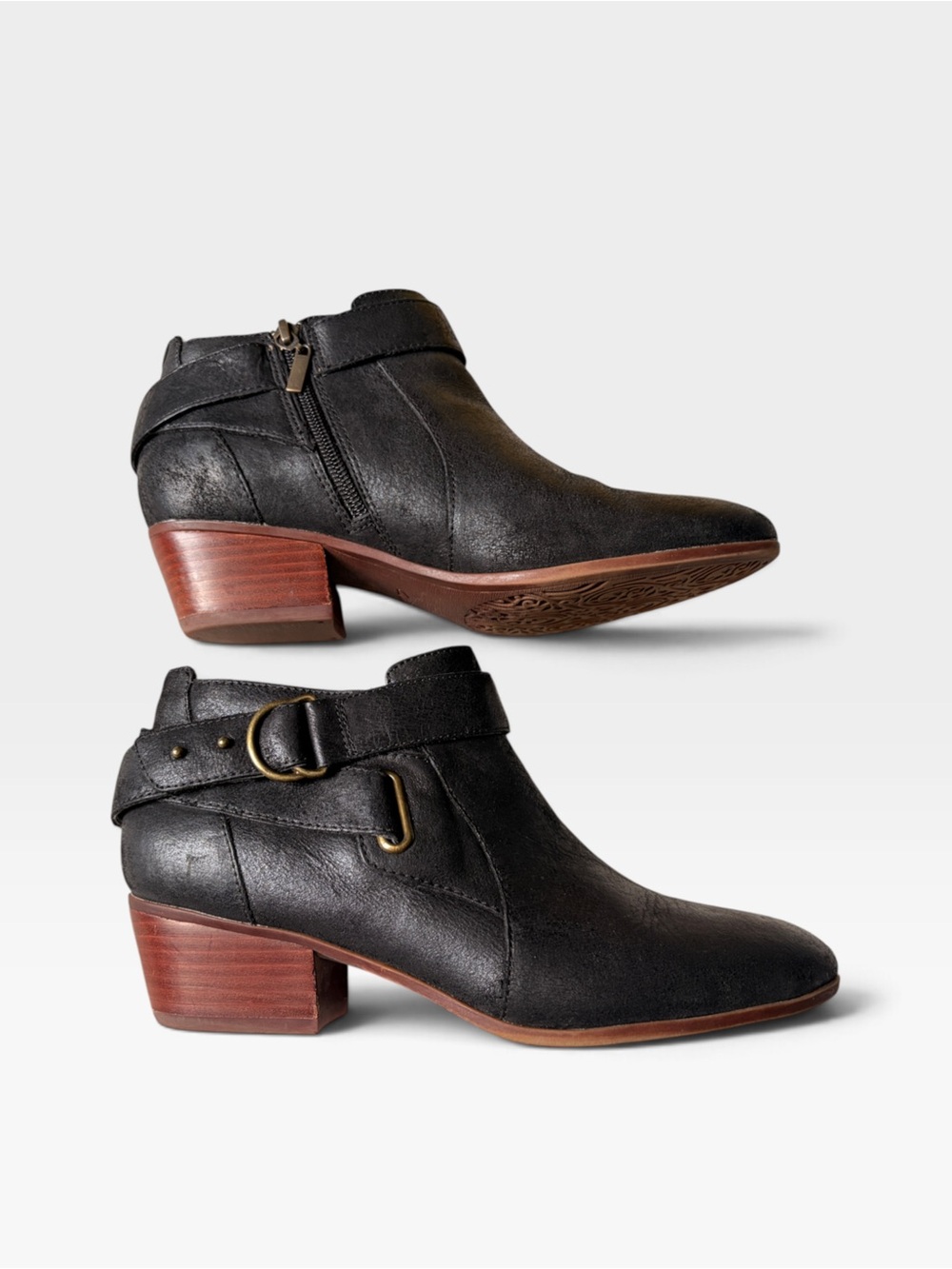 Clarks Black Leather Ankle Booties Buckles Brown Stacked Heel Size 8.5